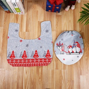 Christmas Toilet Lid Cover And U-Shaped Rug Non-woven Fabric Gnome Reindeer Print Festive Bathroom Holiday Decoration