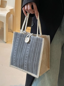 Linen tote bag with blue gray stripes, large capacity and white rope handles for women
