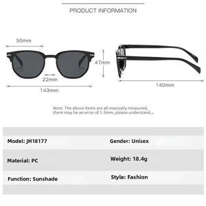 Detailed size chart for JH18177 men's sunglasses showing PC frame and lens dimensions