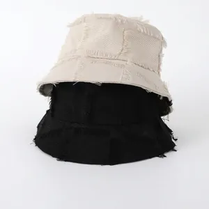 Women's Cotton Frayed Edge Bucket Hat Washed Solid Color Checkerboard Pattern Sun Protection Summer Beach Fashion Hat
