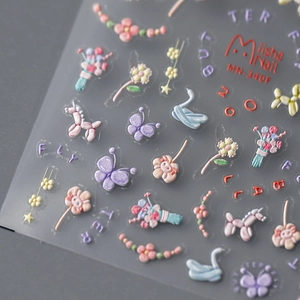 3D embossed nail art stickers with colorful macaron flowers, swans and balloon dogs