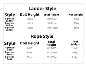 Size specifications table for Santa Claus figures climbing ladder and rope ornaments