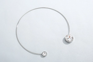 Top view of silver stainless steel choker featuring asymmetric clear round crystals