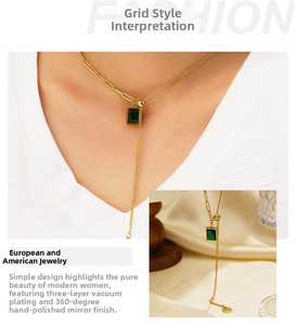 Detail of emerald green zircon pendant necklace with gold vacuum plated finish