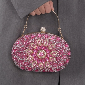 Elegant pink sunflower crystal clutch bag with gold ring handle for evening parties