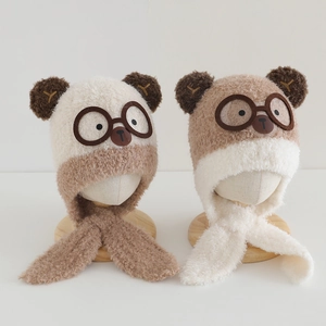Kids Plush Earflap Hat Scarf Integrated Winter Warm Lamb Wool Hooded Scarf Cartoon Bear Animal Pattern For Boys Girls