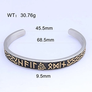 Detailed view showing dimensions and weight of Viking rune cuff bracelet in silver and gold