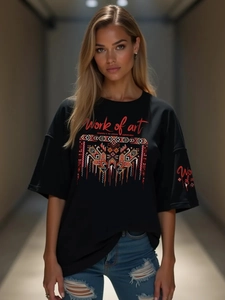 Damen Baumwolle Oversized T-Shirt Drop Shoulder Ethno Geometrischer Druck Streetwear Grafik Lässig Rundhals Top