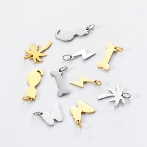 Polished stainless steel charms featuring cat, butterfly, and palm tree for DIY jewelry