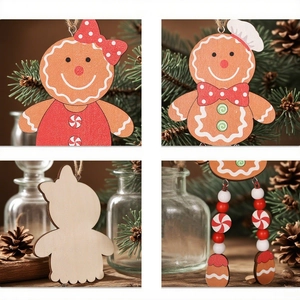 Detail of wooden gingerbread man ornaments with flexible legs for Christmas tree