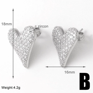 Detail view of silver heart earrings with full pave zircon stones, 18mm height