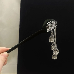 Chinese vintage black wooden hair pin with silver lotus and tassel bell pendants