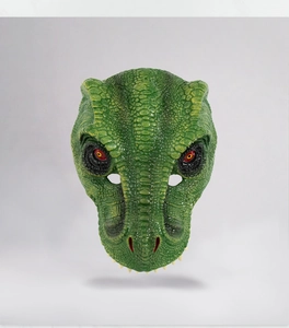 Detailed close-up of 3D dinosaur mask showing realistic green scale texture and yellow eyes