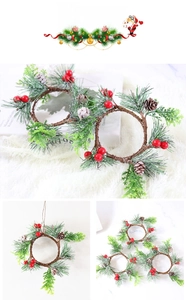 Macro detail of Christmas candle ring featuring PVC pine needles, red berries and pinecones
