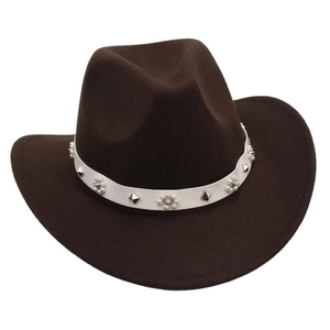 Detail of dark brown felt cowboy hat with white band, faux pearls and silver studs