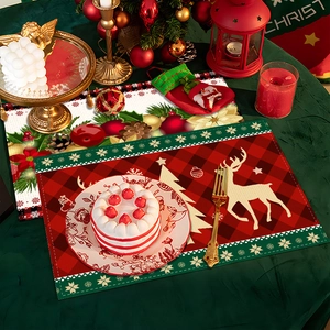 Christmas placemats with reindeer and plaid patterns for holiday dining table decoration