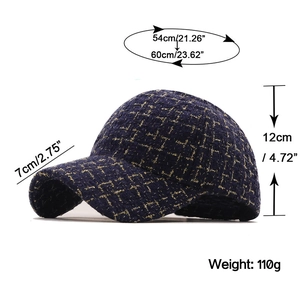 Casquette de baseball en tweed bleu marine avec motif grillagé en fil doré et taille