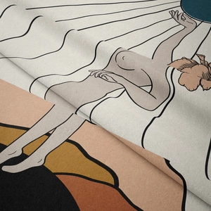 Bohemian tapestry featuring minimalist line art female silhouette and sun in caramel tones