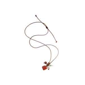 Ethnic style adjustable wax cord necklace with red square stone and pearl pendant