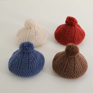 Béret Tricoté Pour Enfants Avec Pompon En Acrylique Épais Bonnet D'Hiver Chaud Pour Fillettes