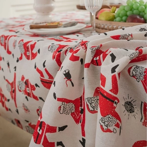 Festive Santa Claus print table cloth in linen blend for Christmas dining decor