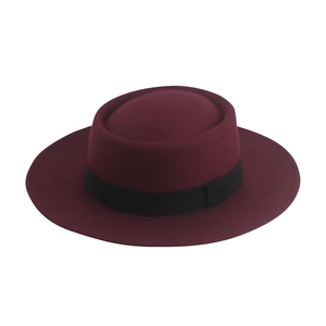 Classic burgundy flat top wool felt fedora with black ribbon band for women