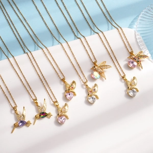 Hummingbird Pendant Necklace Gold Plated Copper Multicolor Zircon Heart Crystal Elegant Fashion Jewelry For Women