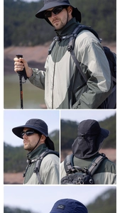 Detail view of quick-dry sun hat with wide brim, neck flap and adjustable wind rope