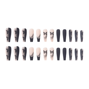Long ballerina press-on nails with matte black butterfly art and hand-drawn lines