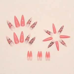 Pink sunset gradient stiletto false nails with cherry blossom floral hand-painted designs
