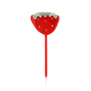 Creative strawberry plush ballpoint pen with red barrel and soft embroidered strawberry top