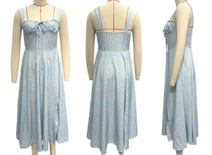 Detailed views of light blue floral dress showing drawstring chest and side slit design