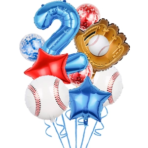 Detail view of baseball balloon set with number 2 foil balloon for birthday party decorations