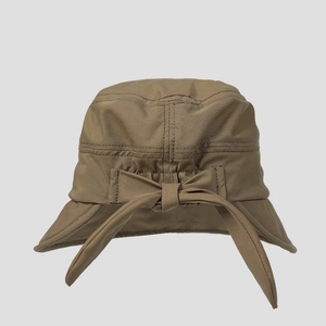 Detailed view of khaki sun hat featuring a decorative bow tie and stitching details