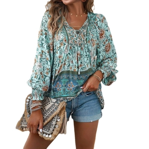 Bohemian long sleeve floral print blouse with V-neck tie detail for women