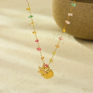 18K gold plated shell and starfish pendant necklace with colorful natural gravel stones