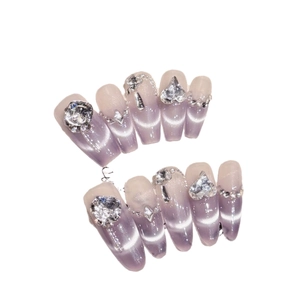 Handmade taro purple cat eye press-on nails set with luxury rhinestones and heart charms