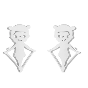 Detail showing creative stainless steel ice skate girl stud earrings in silver finish