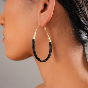 Oval Hoop Earrings With Silver Earring Post Gold Black Two Tone Contrast Enamel Drip Oil Geometric For Women