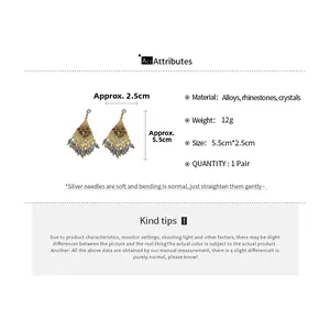 Detail view of rhombic earrings with colorful crystals, grey tassels and size specs