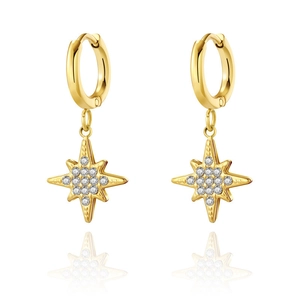 Elegant gold hoop earrings with sparkling star pendants encrusted with white crystals