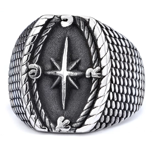 Men's vintage stainless steel compass ring with nautical star and oxidized silver finish