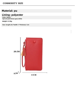 Detailed size chart of women long wallet showing dimensions 20.5cm length and 11cm width