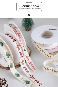 Detailed view of Christmas ribbons with gnome and reindeer patterns for DIY gift wrapping