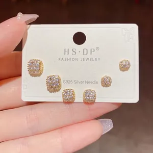 Sparkling square stud earrings set with full zirconia and S925 silver needles for women