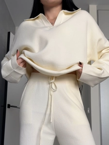 Women's cream knit polo sweater and drawstring trousers two-piece set in loose casual style