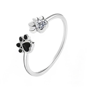 Anello zampa di gatto regolabile con zircone a cuore e dettagli in smalto nero