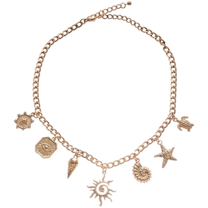 Gold chain necklace featuring starfish sea turtle conch and sun pendants for beach vacation