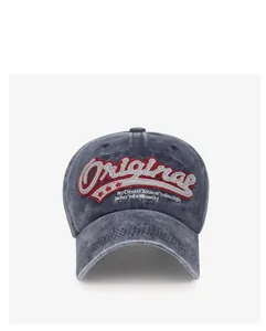 Close-up of vintage grey washed cotton baseball cap with 3D embroidery and stars