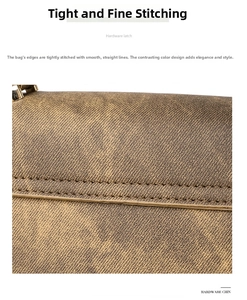 Close-up of contrast stitching and vintage monogram texture on brown crossbody bag